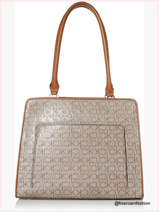 Handbags - Textured Logo Tote with Multiple Pockets, Lightweight PVC, One Size